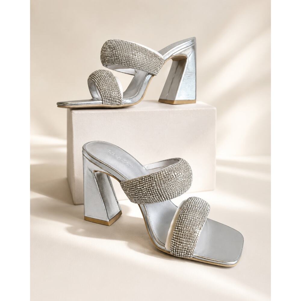 Open Edit Sasha Silver Rhinestone Cocktail Wedding Formal Sandal Heels 6.5